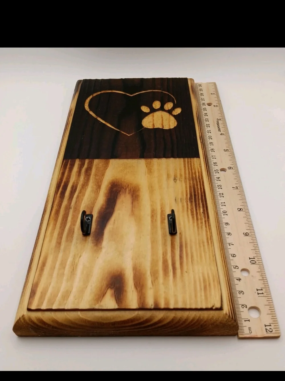 Wood Burned Key Holder Rustic Heart & Paw